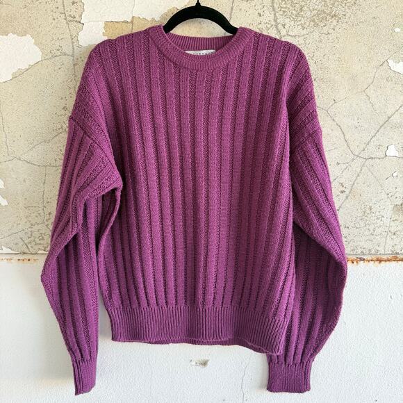 Vtg 80s Sweater Chunky Cable Knit Pullover Berry Cozy Cottagecore Womens M - Picture 1 of 7